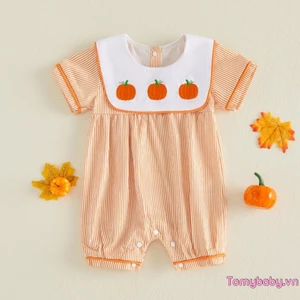 Bộ áo liền quần ngắn tay cổ tròn thêu bí ngô