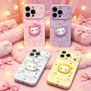 Vỏ điện thoại iPhone giá đỡ ba chiều Hello Kitty Vỏ cao su mềm mặt trái iPhone - 11/12/13/14/15/16/17/Plus/Air/Pro/Max