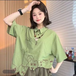 Dễ Thương Sáng Tạo Viền Mèo Thêu Áo Sơ Mi Tay Ngắn Hoạt Hình Ngoại Vi Không Đều Placket Rời Thường Ngày Nữ Top