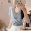 JULYHOT Mùa Hè Giả Hai Mảnh Màu Sắc Tương Phản Khâu Áo Thun Ngắn Mỏng Cố Định Miếng Lót Ngực Xoắn Đa Năng Top Massivedeals