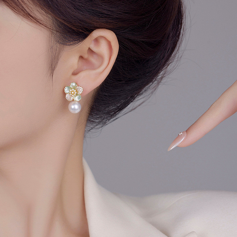 Bông tai nữ bạc ngọc trai hoa thanh lịch s925