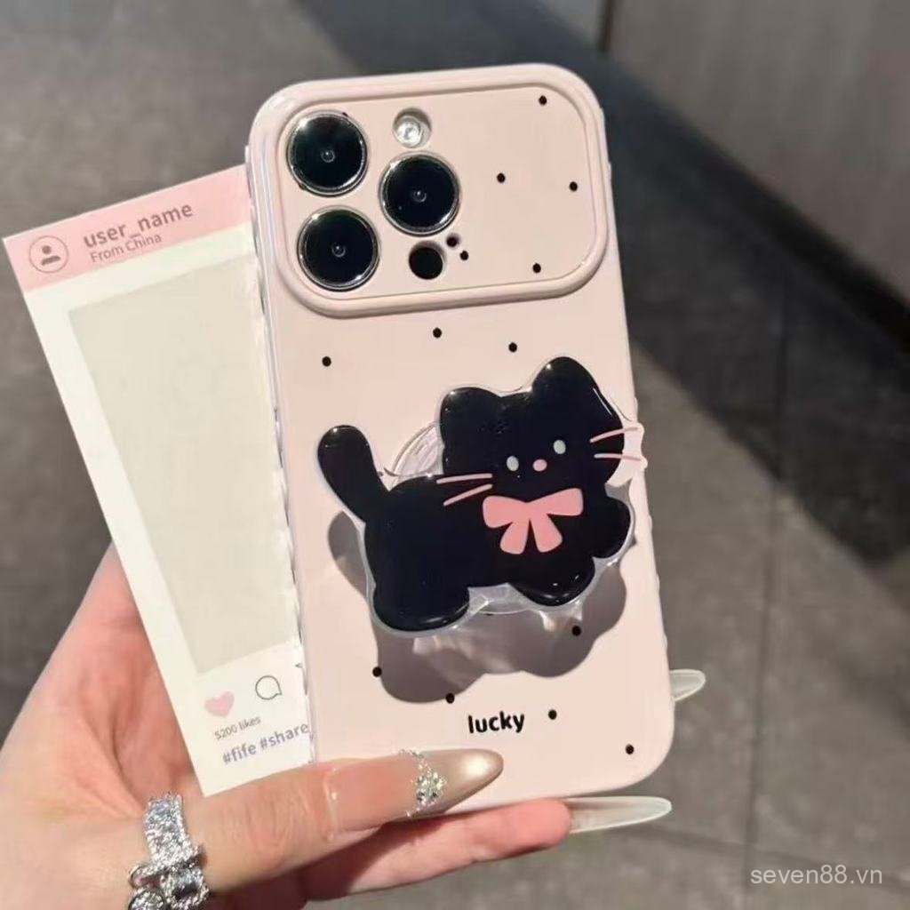 Ốp Điện Thoại Thích Hợp Cho iPhone 11 12 13 14 15 16 17 Pro max Plus Chấm Bi Mèo Đen + Giá Đỡ Chống Sốc Vỏ Bảo Vệ Chống Sốc Bao Gồm Tất Cả DOKM