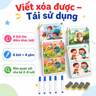 Bộ thẻ tìm điểm khác biệt – Viết xóa được, tái sử dụng nhiều lần – Kèm 4 bút + 4 gôm – Luyện quan sát, phát triển tư duy