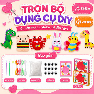 Bộ may vá DIY thú bông cho bé – An toàn – Tự tay làm móc khóa xinh – Phụ kiện: kim, chỉ, bông, mắt thú, hộp đựng