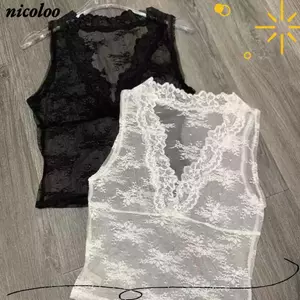 Áo Crop Top NICOLOO, Áo vest ren thiết kế cổ chữ V thêu hoa, gợi cảm xuyên thấu ren rỗng viền đế vest nữ mùa hè Innerwear Base
