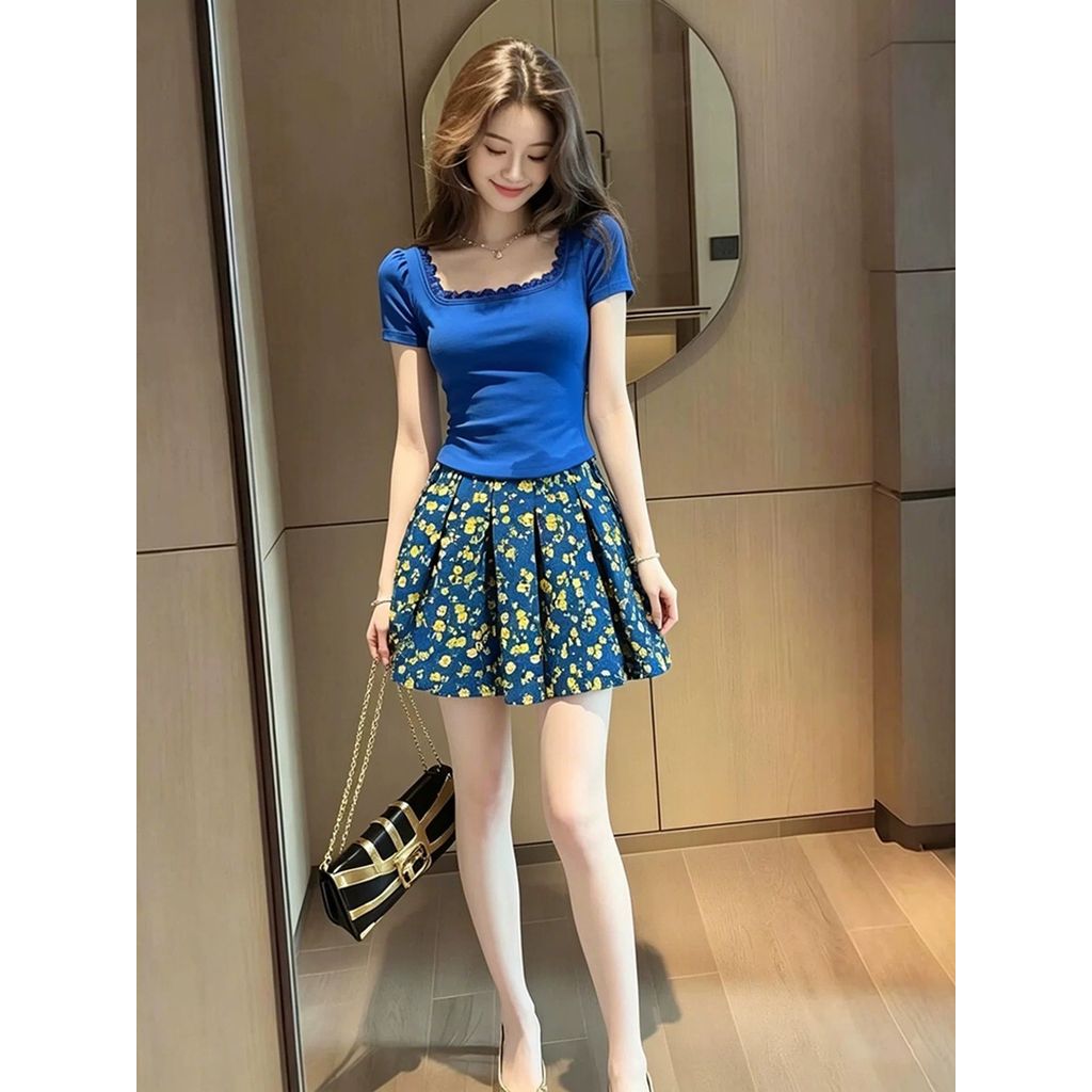 Klein Blue One Whole Set Pháp Retro Cổ Hẹp Top Nữ Cổ Vuông Áo Sơ Mi Nhỏ + Váy Hoa Phù Hợp Với Nữ