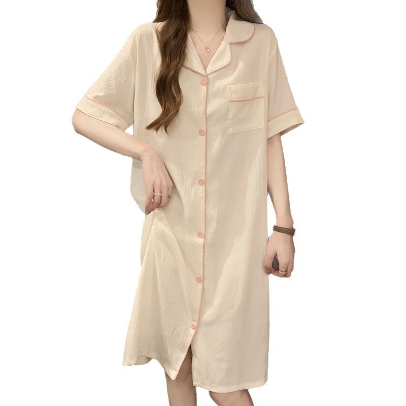 Phong Cách Mới Ngoại Thương Mây Cotton Mùa Hè Nữ Màu Trơn Áo Sơ Mi Váy Ngủ Rời Gợi Cảm Tay Ngắn Bộ Đồ Ngủ Nhà