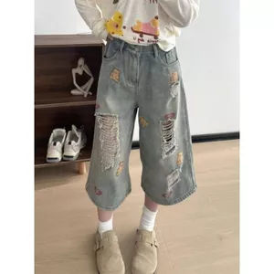Quần crop Denim Retro Mỹ Nữ Mùa Hè Phong Cách Mới Rời Thường Ngày Phù Hợp Với Quần Ống Rộng Eo Cao Ôm Hơn Nhìn Thẳng