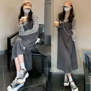 Áo len Cardigan sọc dáng rộng phong cách Hàn Quốc Bộ đồ váy dây đeo hàng đầu dành cho nữ Mùa hè Plus Size Fat mm Bộ đồ hai mảnh giảm tuổi