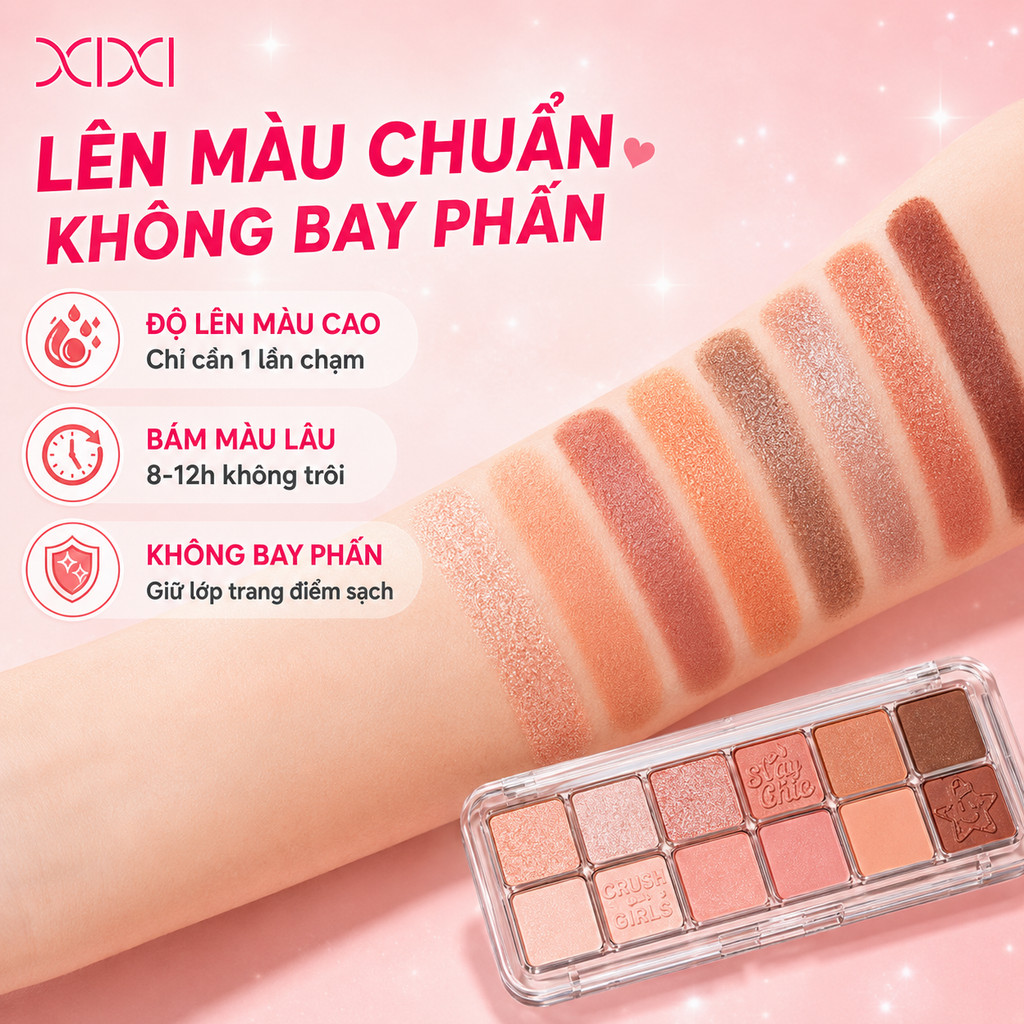 XIXI Bảng Phấn Mắt 12 Ô Tông Nâu Cam, Nhũ Mịn, Lên Màu Chuẩn, Dễ Tán, Lâu Trôi, Hợp Tân Thủ D820