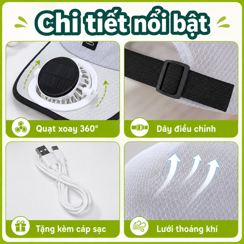 Mũ Năng Lượng Mặt Trời Có Quạt, Sạc USB - Chống Nắng, Thoáng Khí, Chống UV, Cho Cắm Trại, Câu Cá, Đạp Xe