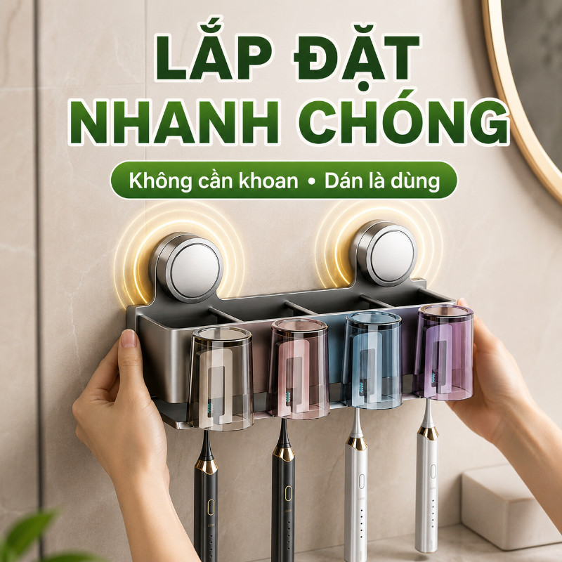 Kệ Để Bàn Chải Hút Chân Không - Tổ Chức Nhà Tắm Gọn, Chất Liệu ABS & Thép Carbon, Lắp Đặt Dễ Không Khoan