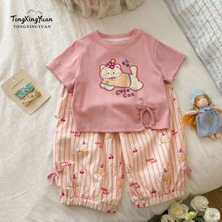 Cô Gái Mùa Hè Dễ Thương Ngộ nghĩnh In Hình Mèo Ngắn Bộ Cô Gái Kẻ Sọc Anh Đào Bloomers Quần Chống Muỗi Bộ Hai Mảnh