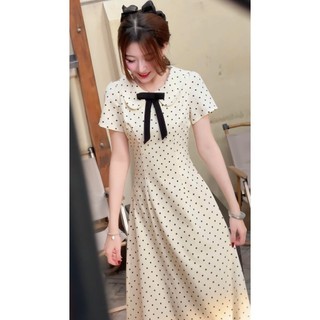 Váy maxi chấm bi cổ sen đính nơ họa tiết chiết eo nhẹ nhàng dáng xòe, váy đầm tiểu thư