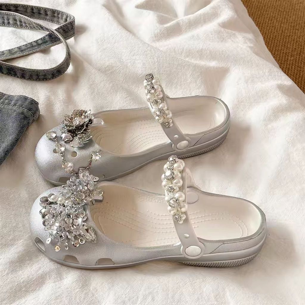 Nhấp Nháy Kim Cương Hoa Ngọc Trai Hoa Phong Cách Công Chúa Lỗ Giày Biến Đổi Phụ Kiện Cao Cấp Cảm Giác Khóa Giày Bộ