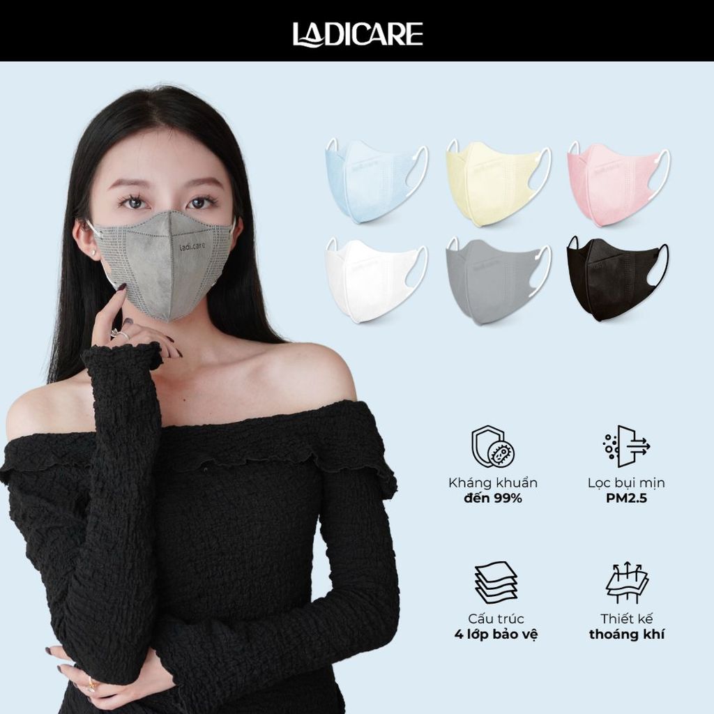 Khẩu trang 5D LADICARE 4 lớp kháng khuẩn dày dặn, thoáng khí, dây đeo mềm mại, đa dạng màu sắc