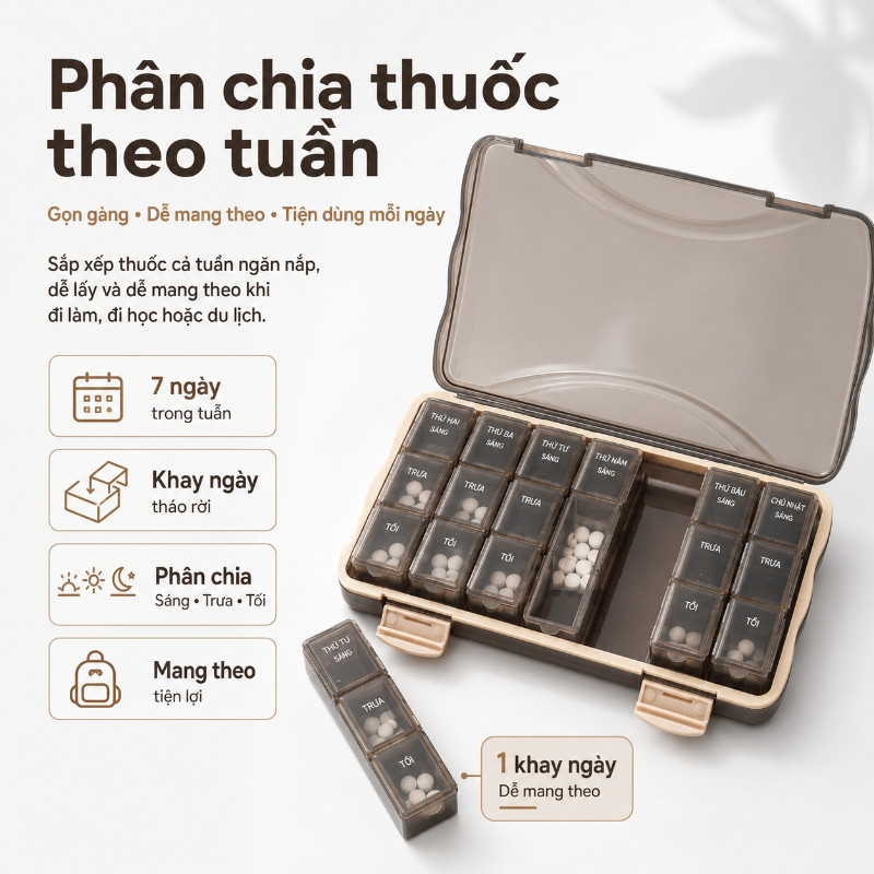 Hộp lưu trữ thuốc theo tuần 28 ngăn tiếng Việt khay chia thuốc trong suốt tiện chăm sóc sức khỏe