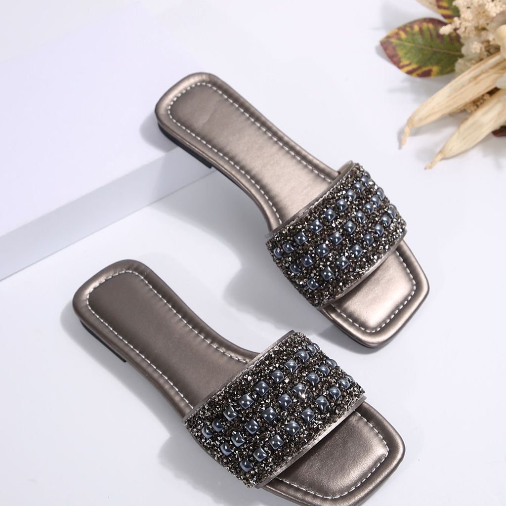 Dép nữ đế bệt quai ngang sequin phong cách Pháp mùa hè mẫu hot