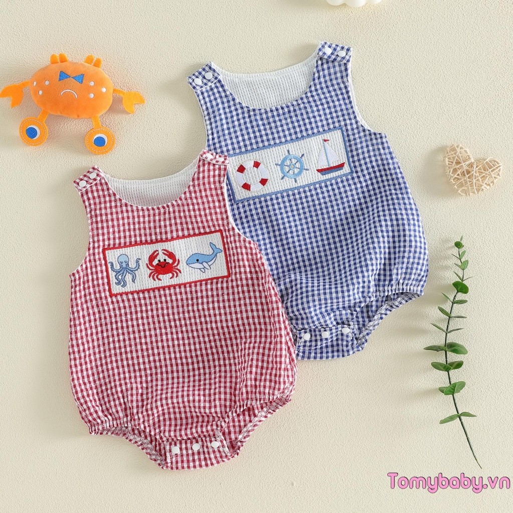 [lpDL] Bộ đồ liền thân thêu cổ tròn không tay cho bé trai