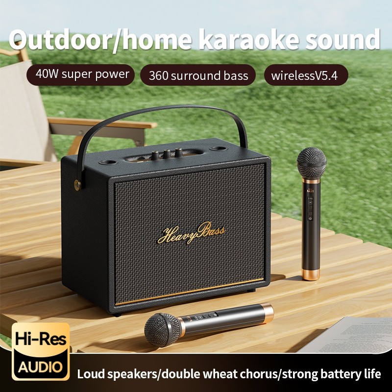 Loa bluetooth karaoke HEAVY BASS 40 chính hãng, loa cầm tay di động âm bass mạnh karaoke tặng 2 micro