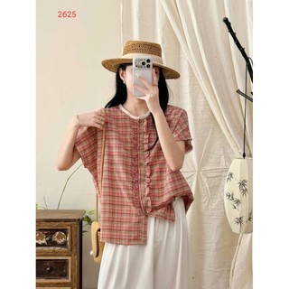 [Hàng có sẵn] Áo sơ mi nữ chất liệu Cotton cao cấp, kiểu Hàn Quốc, tay ngắn, cổ đứng kẻ sọc