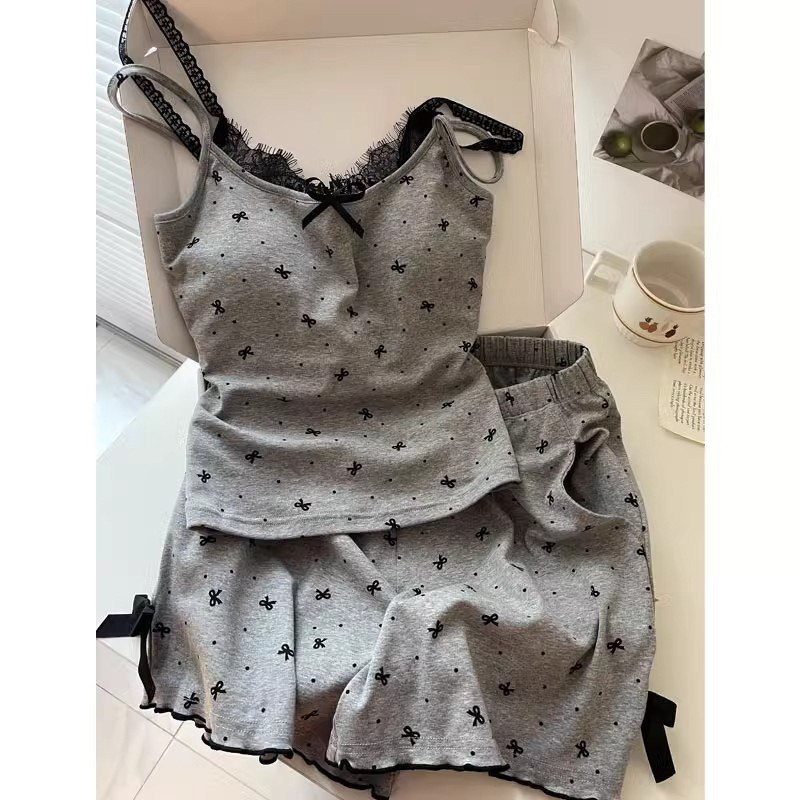 Bộ đồ ngủ nữ có đệm ngực cố định áo hai dây kèm quần short nơ dễ thương mềm mại thoáng khí mặc nhà mùa hè phong cách Hàn Quốc