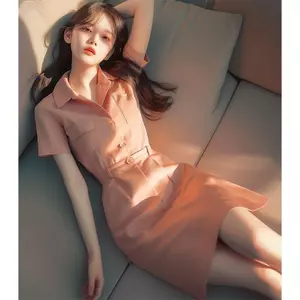 Bellflower Pháp Cao cấp Tinh tế Siêu đẹp Cảm giác cao cấp Tính khí Đầm sơ mi màu hồng eo hẹp đẹp Nữ mùa hè