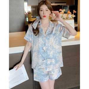 Bộ đồ ngồi ngắn phía trước mở dành cho nữ Họa tiết nhuộm cà vạt xanh để thư giãn trong nhà hàng ngày và mặc ban đêm tại nhà hàng ngày