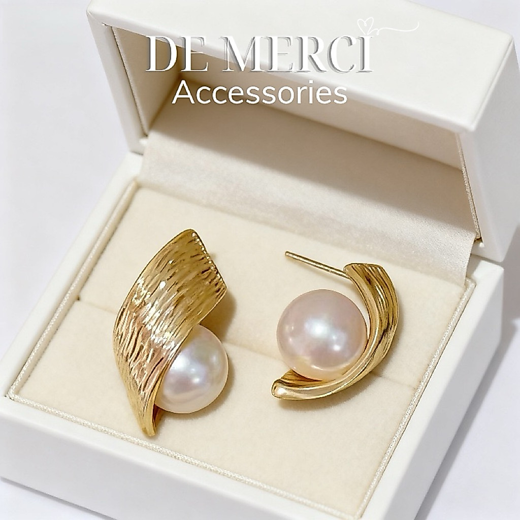Khuyên tai nữ chuôi bạc 925 De Merci bông tai hình xoắn ngọc trai phủ bóng phụ kiện trang sức nữ cá tính BT