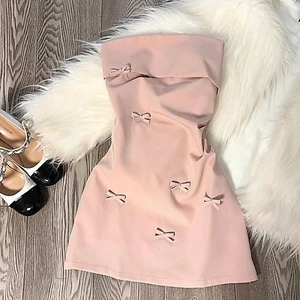 Đầm ống nơ ba chiều màu hồng phong cách Hàn Quốc dành cho nữ có eo và váy ngắn