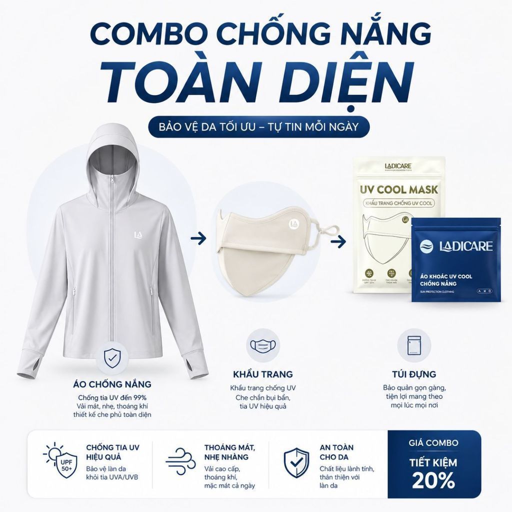 Áo Chống Nắng Nam Nữ LADICARE UPF50+, Chống Tia UV >99%, Vải Lụa Băng Cao Cấp, Thoáng Khí, Khoá Kéo Tiện Lợi