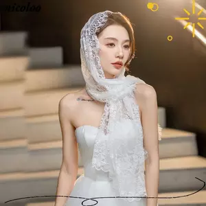 Khăn choàng nữ NICOLOO, Khăn che mặt công giáo màu trơn thêu rỗng, Khăn lau đám cưới dài vừa phải màu đen mỏng màu trắng