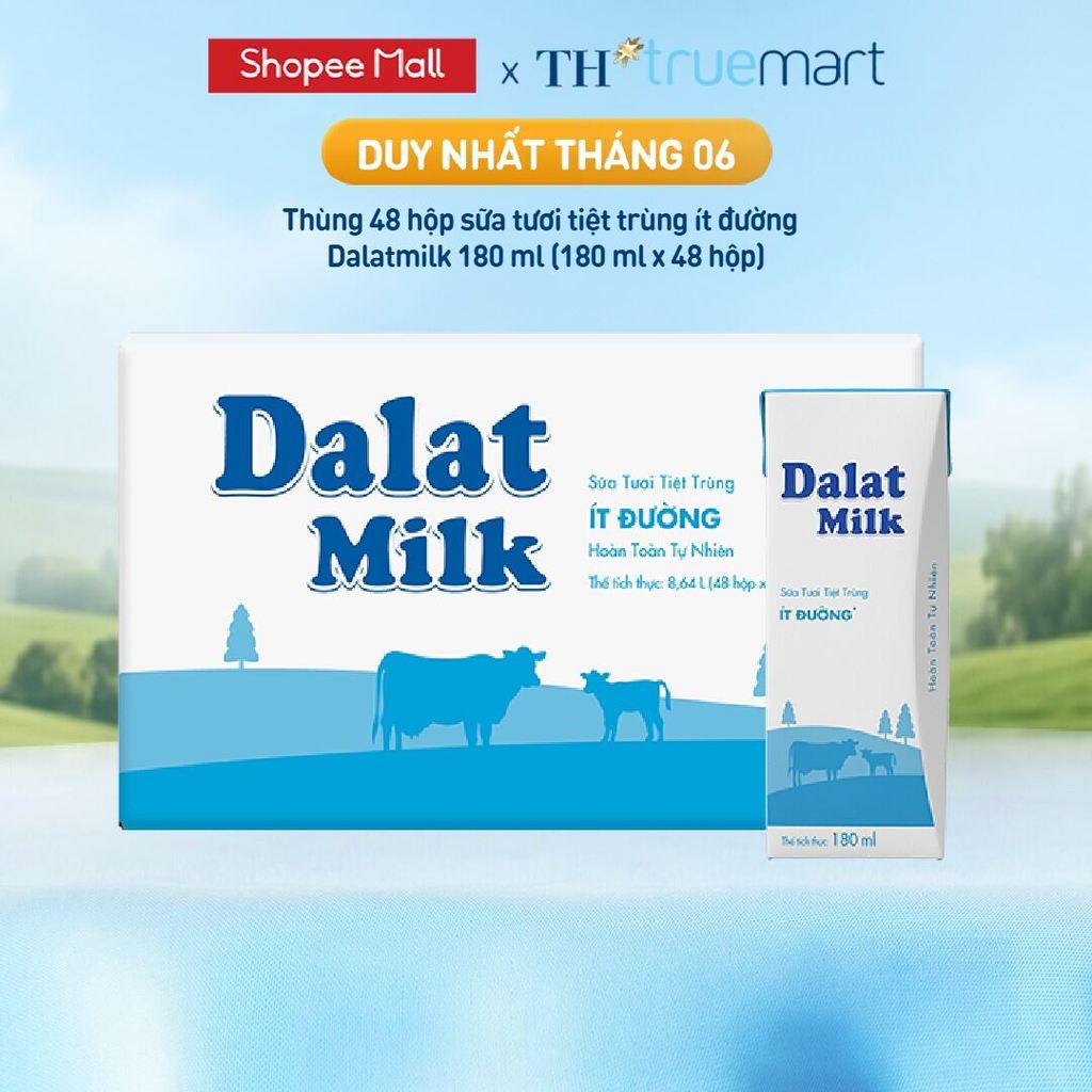 [LIVE STREAM] Thùng 48 hộp sữa tươi tiệt trùng Dalatmilk ít đường 180 ml (180 ml x 48)