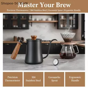 {AKIN} Nồi cà phê bằng thép không gỉ 304 Cân trong suốt có nắp nhiệt kế Tay cầm bằng gỗ nguyên khối cho Espresso thủ công {a}