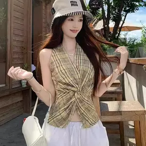 Hot Girl Style Xoắn Eo Dây Kẻ Sọc Áo Vest Nữ Mùa Hè Thiết Kế Phong Cách Mới Niche Áo Ngoài