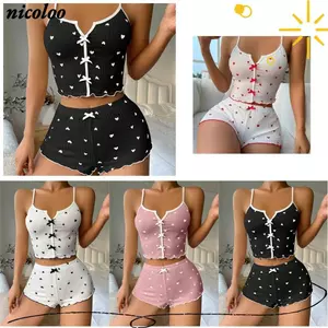 Bộ đồ ngủ mỏng NICOLOO, Bộ đồ ngủ co giãn in hình trái tim, Quần short thắt lưng bằng vải Polyester thời trang dành cho nữ