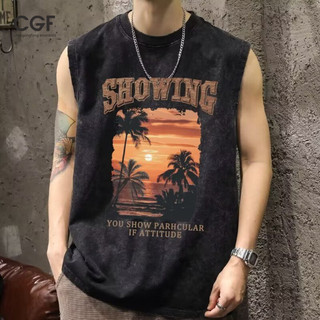 Áo thun Cotton không tay nam mùa hè hợp thời trang dáng rộng vừa vặn phong cách đi biển thông thường