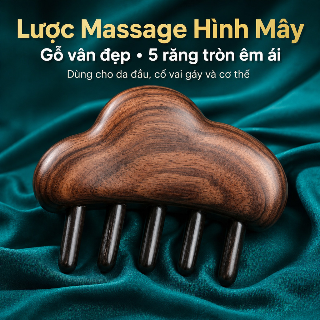 Lược Massage Đầu Gỗ Đàn Hương Hình Mây - Chải Da Đầu, Khơi Thông Kinh Mạch, Massage Cổ Vai Gáy Tại Nhà