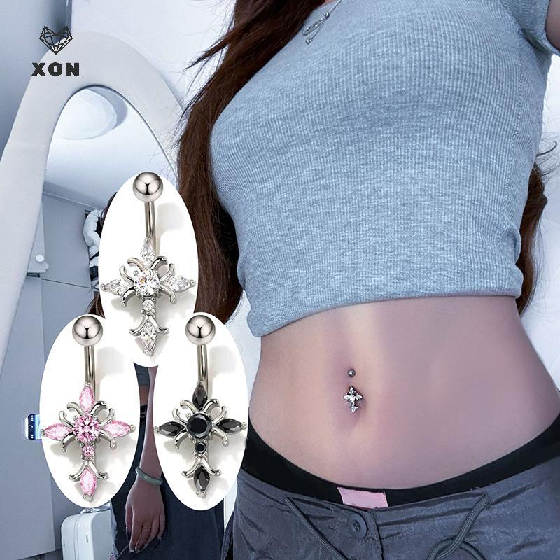 [XON] Christian Cross Rốn Piercing Trang sức 14G Titan Barbell Người phụ nữ Phụ kiện tôn giáo Nhẫn nút bụng màu bạc vàng [Mina]