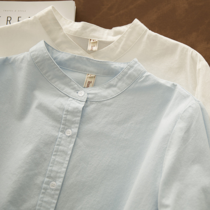 [Hàng có sẵn] Áo sơ mi nữ cotton Xuân Thu cổ đứng dài tay phong cách đại học, áo thẳng xuyên thấu