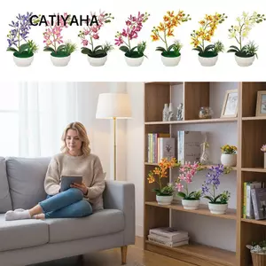 CATIYAHA Hoa Nhân Tạo Lọ Hoa, Lá Xanh Nhiều Màu Mùa Xuân Hoa Lan Mô Phỏng Cây Cảnh, Cao Su Mềm Sáng Tạo Với Lọ Hoa Đạo Cụ Ảnh Hoa Giả Trang Trí Để Bàn
