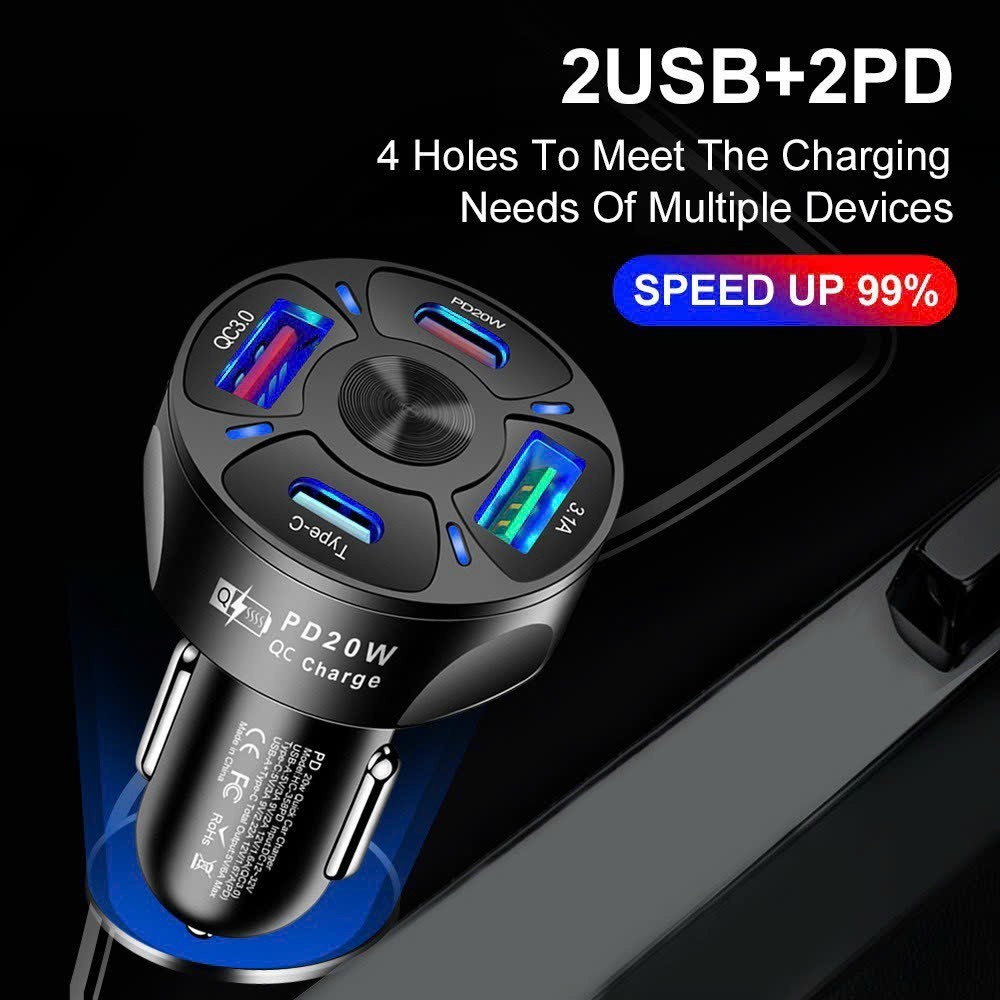Tẩu Sạc Nhanh Ô Tô Chính Hãng PD 20W QC3.0 Sạc Siêu Tốc 3.1A ,Tẩu Chia 4 Cổng 2 Ty-C + 2 USB, Bảo Hành 6 Tháng