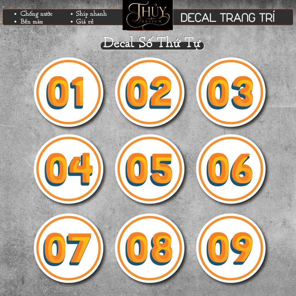 Decal Số Thứ Tự chống nước trang trí dán quán trà sữa, cà phê, quán ăn, dán tường, tủ.