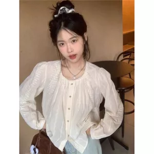 Áo sơ mi ren thêu kiểu Pháp dành cho nữ mùa thu Phong cách mới Tay phồng cổ tròn dáng rộng đơn giản Áo sơ mi dài tay phù hợp