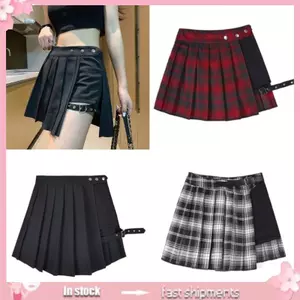 YOI Xếp Ly Mini Váy Punk Gothic Nửa Váy Bất Đối Xứng Eo Plaids Xếp Ly Váy Chữ A Có Quần Short Dạo Phố