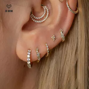 1PC Bạc 925 Zircon Kẻ Sọc Trái Tim Đầu Phẳng Sụn Xuyên Tai Dành Cho Nữ Bông Tai Claasic [Mina]