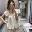 Tính khí ngọt ngào Xù cổ phẳng nhỏ tay bay Voan Top Nữ Mùa hè Tính khí thời trang Slimer Look All-Match