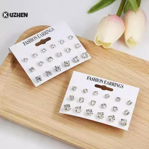 KUZHEN Thời Trang Đơn Giản 9 Đôi / bộ Mix Bông Tai Bông Tai Hình Học Vuông Cho Nữ Mới Kim Cương Giả Pha Lê Bông Tai Trang Sức HOT