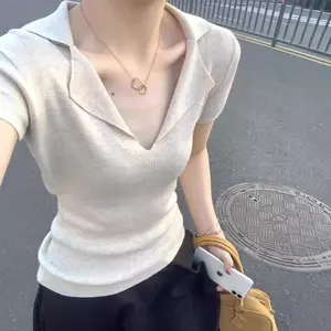 Áo sơ mi polo dệt kim cổ chữ v kiểu cổ chữ v kiểu Pháp ngắn tay