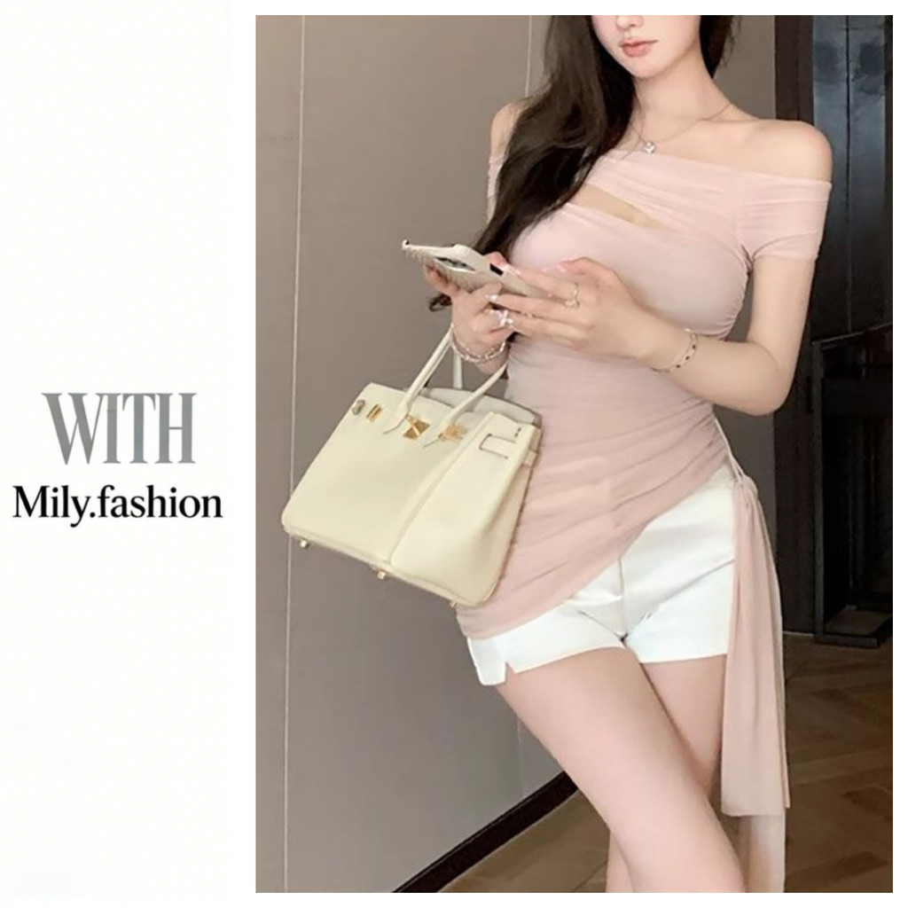 Milyfashion Mai Màu Hồng Một Vai Nhẹ Nhàng Nẹp Xếp Ly Off-Soulder Pure Desire Slim-Fit T Short Top Nữ